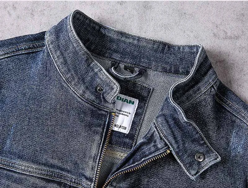 Mcikkny Solid Color Men's Cargo Loose Denim Jackets Multi Pocket Blue Jeans Jackets Male Stand Collar  (2)