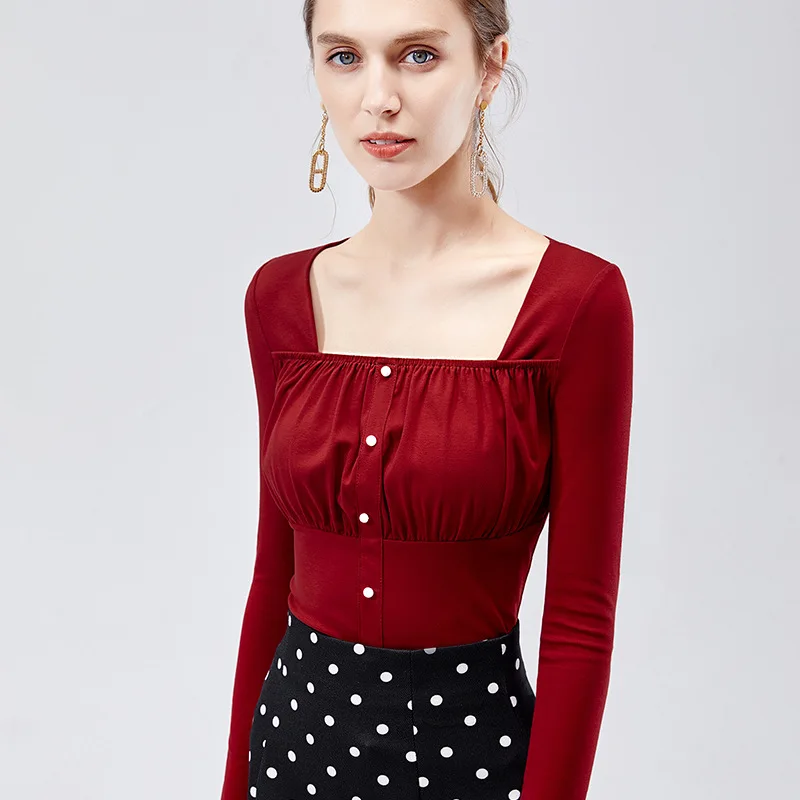 

iClosam Retro TShirt Women 2019 Autumn Square Collar Tops Elegant French Style Tight Tops Long Sleeve Women Tshirt