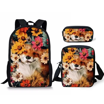 

THIKIN Pretty Floral with Fox School Bag Set 3Pcs Schoolbags for Teenager Girls Children Kids Book Bags Mochila Escolar Custom