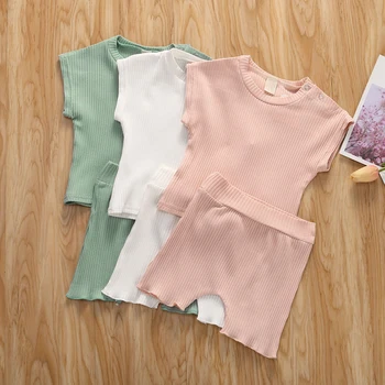 

AA 2020 Newborn Baby Girl Boy Clothes Sets Solid Color Sleeveless T-shirt Tops+Shorts Kids Outfits Unisex Infant Clothes