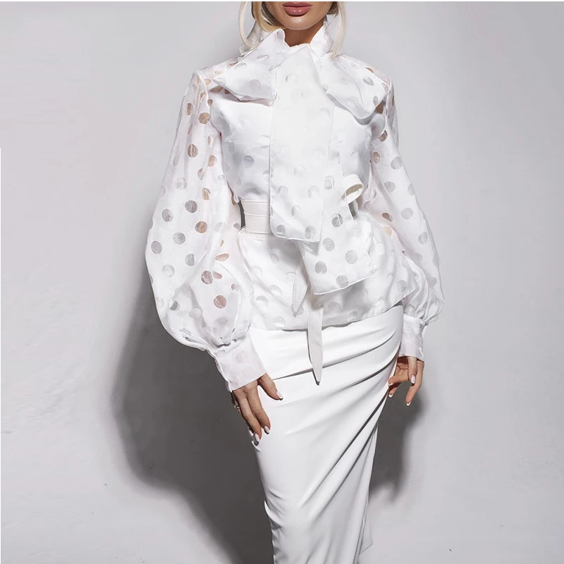 Горошек точечный фонарь рукав завязанный блузка для женщин шикарный Элегантный