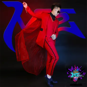 

2020 Men New Red Veil Cloak Red Suit Costume Set Male Singer Performance Clothing Nightclub Bar Dj jacket (Coat+Pants+Vest)Set