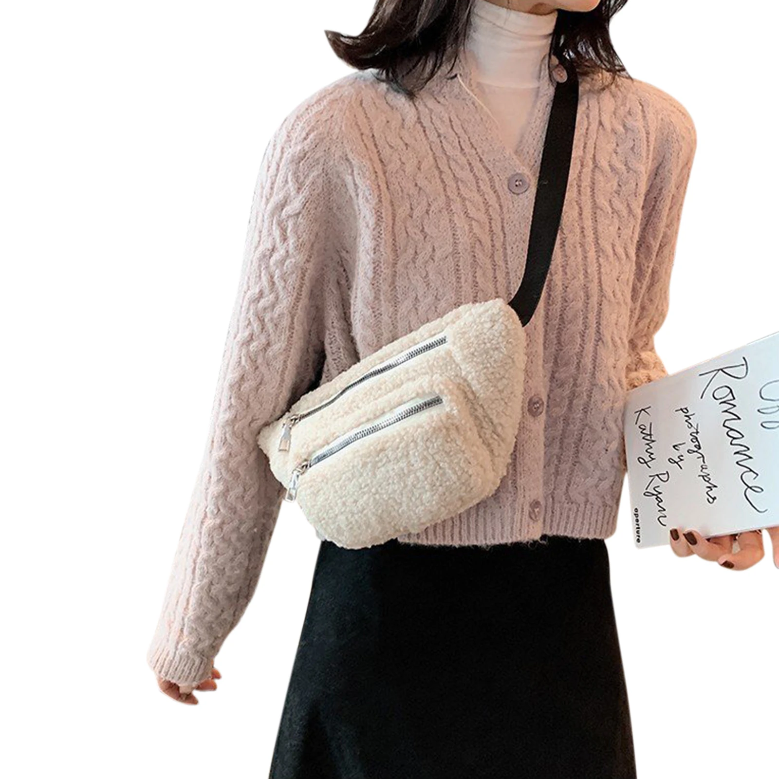 Riñonera de lana suave para mujer, cruzado correa ajustable| Riñoneras| -