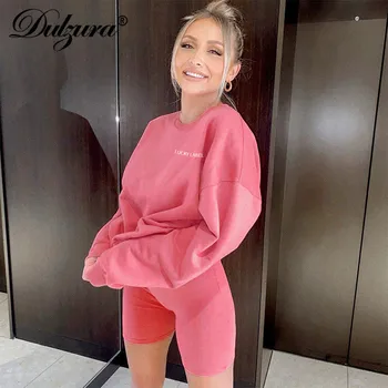 

Dulzura letter embroidery women 2 piece set sweatshirt pullover loose oversize biker shorts streetwear loungewear autumn winter
