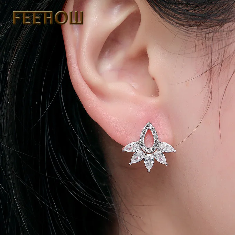 FEEHOW прозрачная капля кубический циркон серьги гвоздики модные капли воды полые