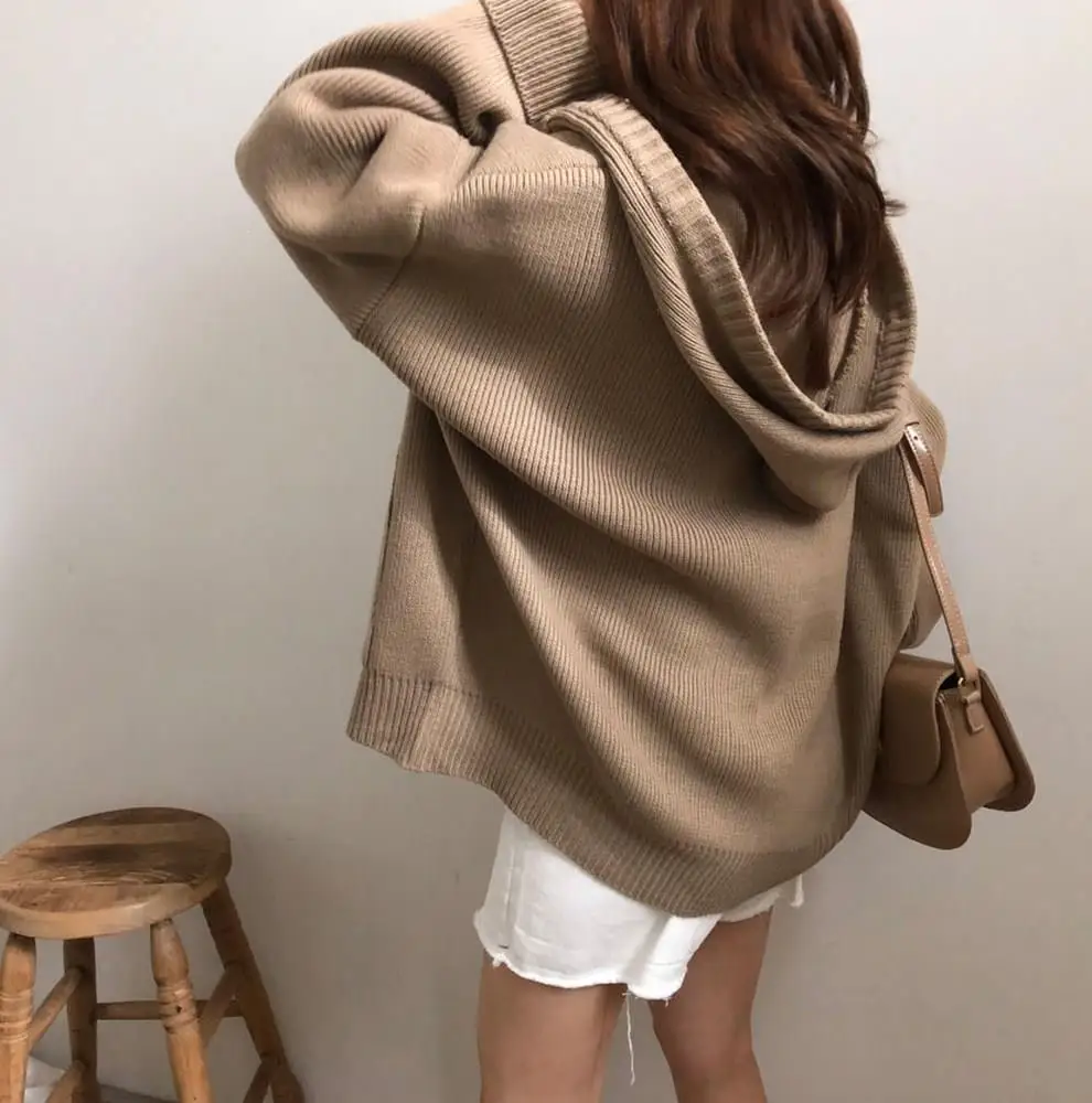 Women Autumn Winter Casual Zipper Hooded Cardigans Plus Size Solid Knitted Coat Loose Pockets Thick Sweater