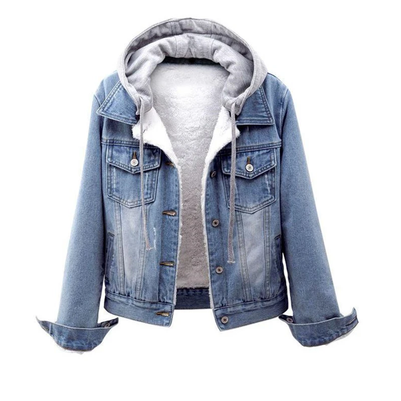 2020 Winter New Jeans Jacket Women Korean Fashion Warm Lamb Velvet Lining Removable Hooded Coat Plus Size Denim 5XL Q1177 | Женская