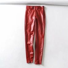 Зимние кожаные женские брюки-карандаш с высокой талией, Женские винтажные красные блестящие брюки из искусственной кожи, обтягивающие длинные женские брюки