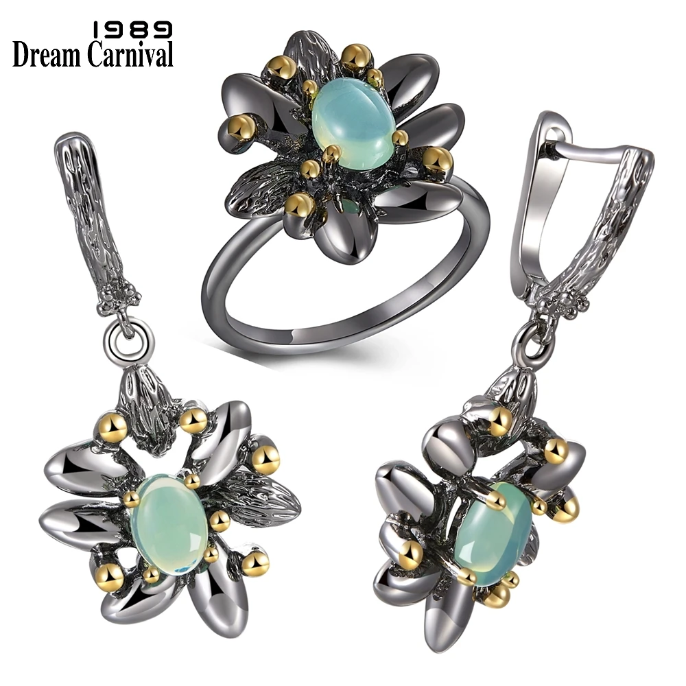 Online DreamCarnival1989 anillos de flores Vintage + pendientes para mujer fiesta de boda piedra de ópalo azul imitación joyería gótica negra ER3890S2