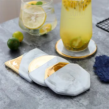 

1pc Desktop Non-slip Luxury Pad Gold Plating Marble Ceramic Coaster Coffee Tea Cup Mats Pads for Drink Mug Office School supply
