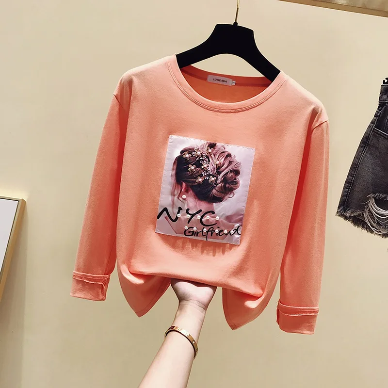 Оранжевый gkfnmt Korea Style Fashion T-shirt Women Tops Cotton Long Sleeve Appliques Bead White Tshirt Autumn Winter Top Tee Shirt Femme - Цвет: Оранжевый