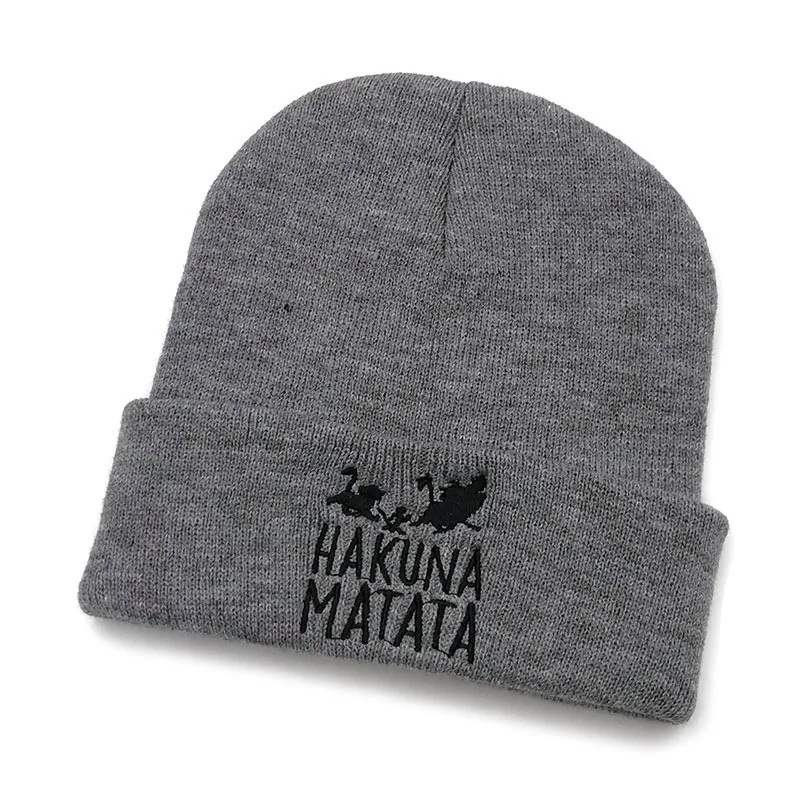 Теплые вязаные зимние шапки HAKUNA MATATA с вышивкой Skullies для мужчин и женщин