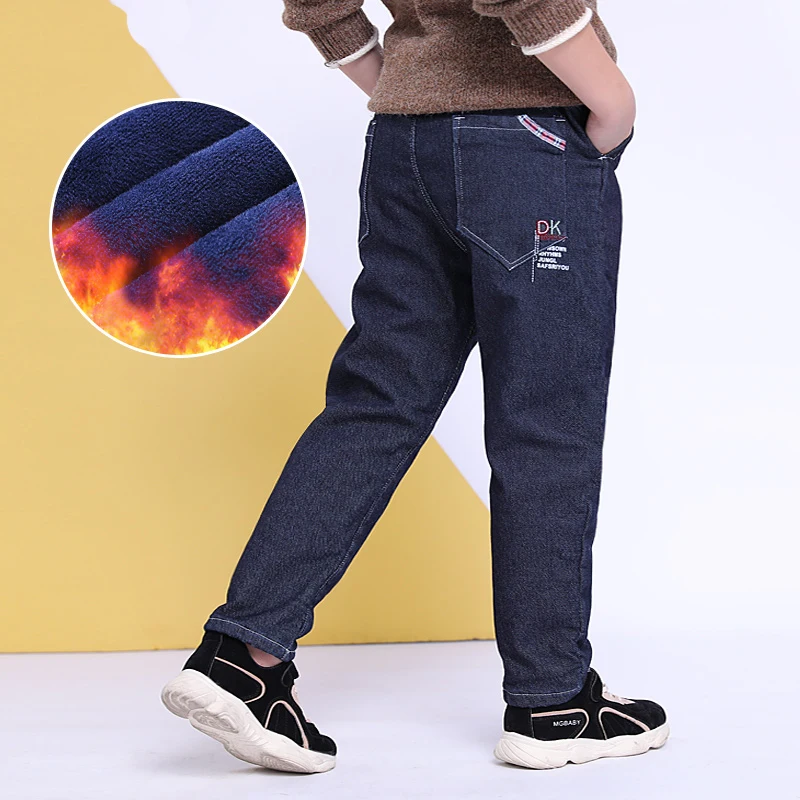 Enlarged pants Зимние джинсы для мальчиков; коллекция года; модные джинсы для больших детей; хлопковые синие брюки с эластичной резинкой на талии; теплые джинсы для мальчиков; детская одежда для студентов - Цвет: Enlarged pants