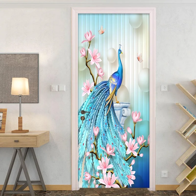 DIY настенные водонепроницаемые обои самоклеющиеся Павлин, цветок дверь стикер печать картина ремонт спальня домашний декор художественная фотография