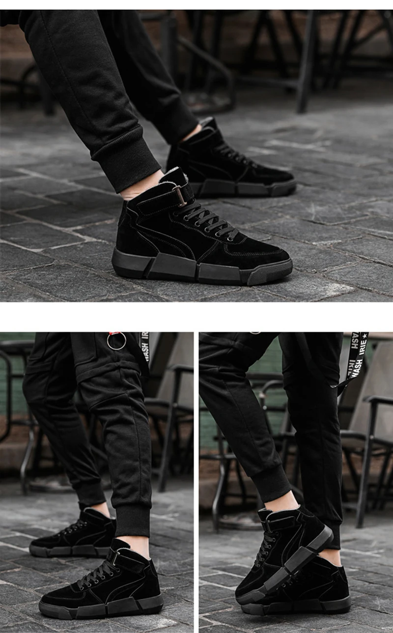 Модные замшевые зимние ботинки на шнуровке однотонные Черные ботильоны теплая плюшевая обувь мужская зимняя обувь