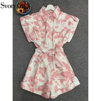 

Svoryxiu Fashion Designer Summer Playsuits Women's Short Sleeve Flower Print Pink Casual Romper Overall
