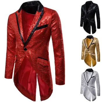 

Hot sale solid Men Shiny Sequins Suit Jacket Blazer One Button Formal Tuxedo Wedding Party Coat Party Stage Singer Costume Homme
