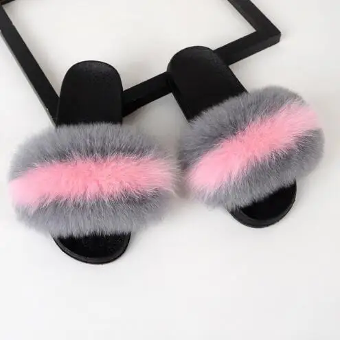 Slippers Женские тапочки из натурального Лисьего меха; ПВХ; сумка через плечо ярких цветов; Радужная сумочка; разноцветные прозрачные сумки через плечо; женские меховые шлепанцы - Цвет: Slippers