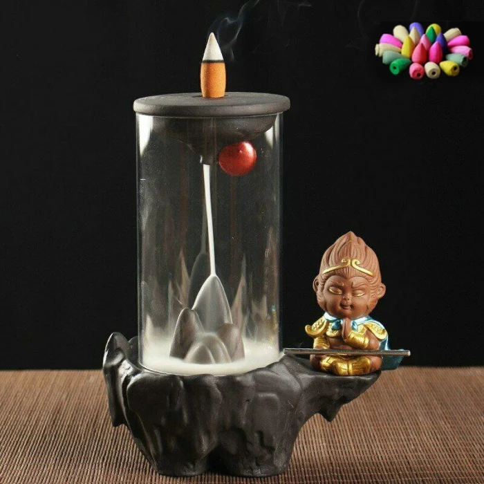 Monkey King Backflow Incense Holder Windshield Cover Waterfall Reflow Decoration for Home Office MU8669