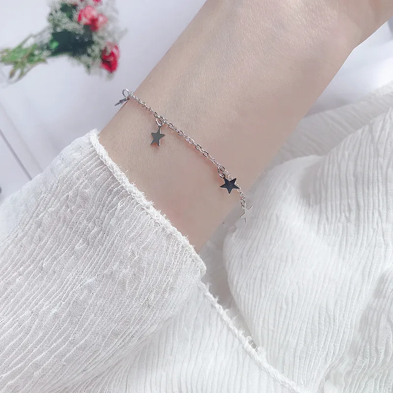 POFUNUO 925 Sterling Silver Women Simple Star Bracelets Girls Birthday Gift Fashionable Five-pointed Star Bracelets Chic Jewelry