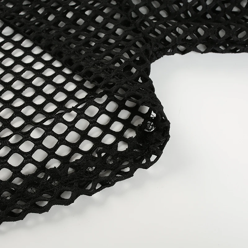 Camiseta sexy de malla de verano para mujer, top corto fruncido con agujeros, sudaderas de manga larga, camisetas de rejilla para mujer