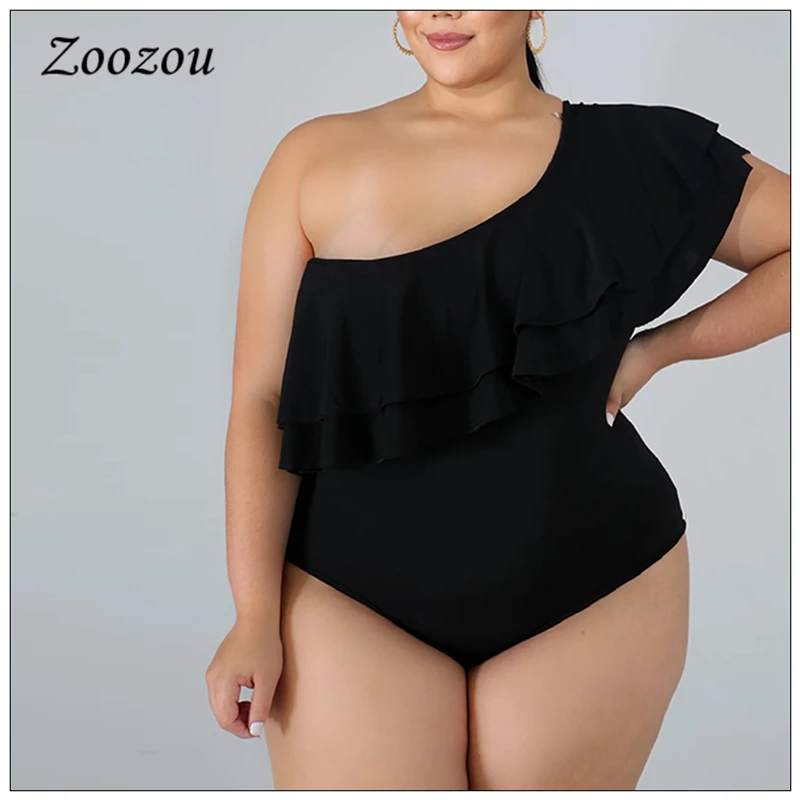 

One Shoulder Ruffled Neck Women Bodysuits Black Sexy Slim Sleeveless Short Jumpsuits Summer Casual Bodysuit Plus Size Custom