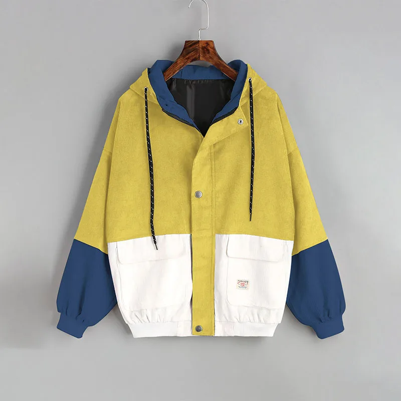corduroy color block drawstring hooded jacket
