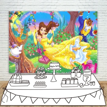 

Photo Background Beauty and Beast Themed Backdrop Fairytale Rose Garden Princess Bella Glitter Rainbow Happy Birthday Backdrop