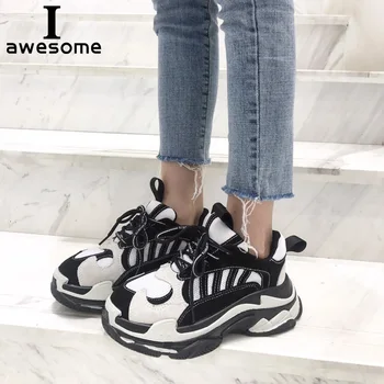 

New Genuine Leather Mesh Dad Sneakers platform shoes women Chunky Sneakers comfortable Breathable Flats Thick Sole Walking shoe