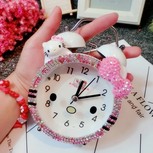 Helloo Kitty милый будильник Doraemon Стразы ручной работы Bling детский Будильник немой мини-будильник офисный Декор современный - Цвет: Kitty white