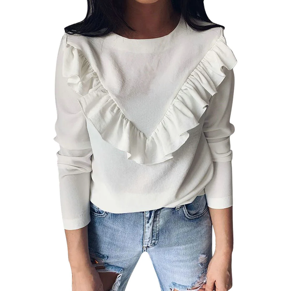 

Women's Autumn Spring Shirt Ruffles Frill White Blouse Casual Round Neck Long Sleeve Elegant Slim Female Chic Tops Blusas Shirts