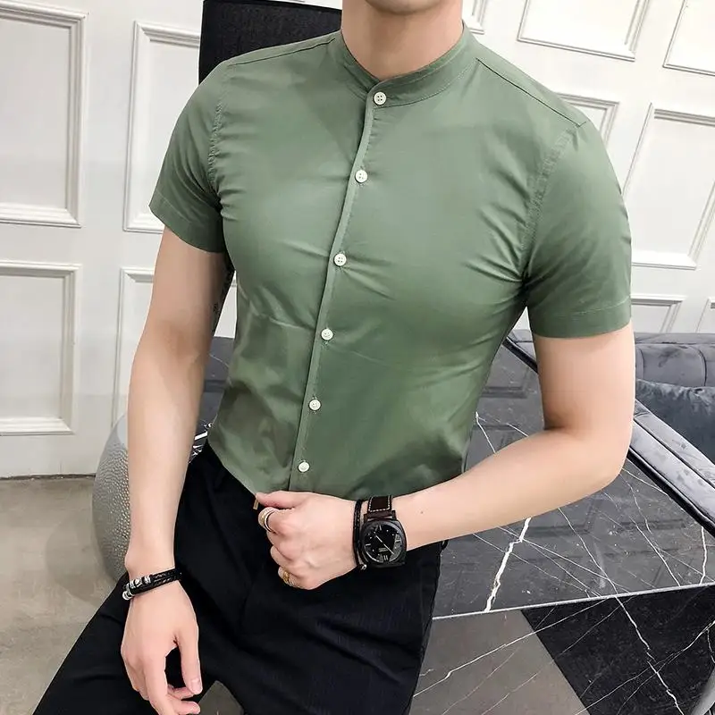 

Mens dress Shirts Standing collar Solid color Blouse Men Business Casual Men's Shirt Short sleeves Army Green