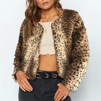 

Lanshifei F0230 Women Faux Fur Short Jacket Long Sleeve Leopard Coat Female Tops Autumn Winter Casual Loose Ladies Fashion Coat