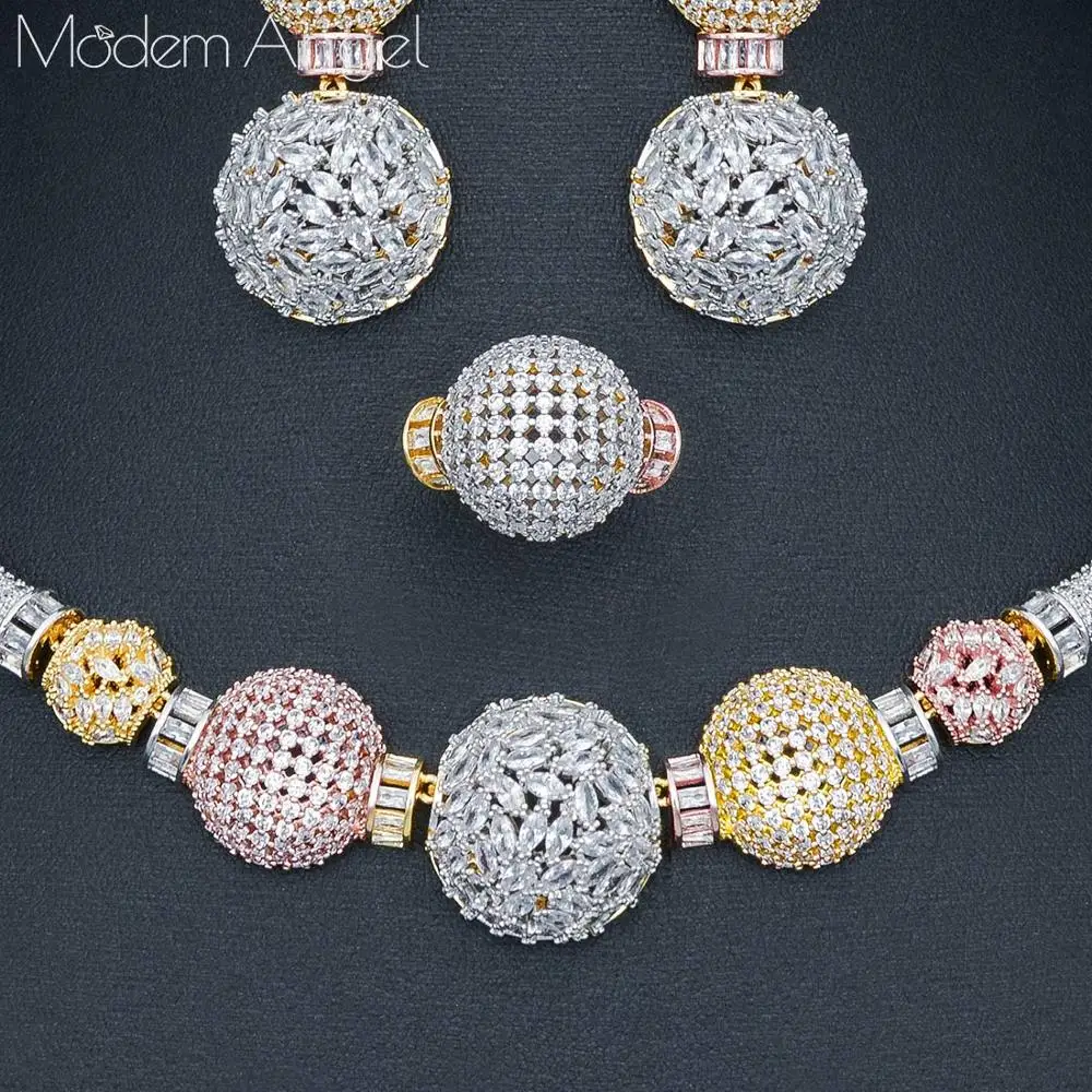 ModemAngel роскошный 3 тон цветок мака 4 шт. нигерийский набор украшений для женщин Свадебные с кубическим Цирконом Кристалл CZ свадебные серьги кольцо Se