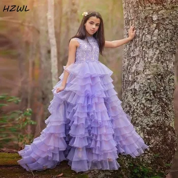 

Princess Lavender Girls Pageant Dresses With Lace Sleeveless Toddler Tiered Organza Long Birthday Dress Kids Flower Girl Dress