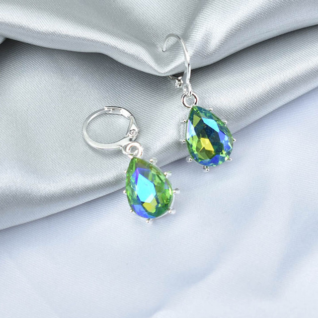 Geometric Crystal Water Drop Earrings For Women Silver Color Red Blue Jewelry Bridal Gift Boucle D'Oreille Femme