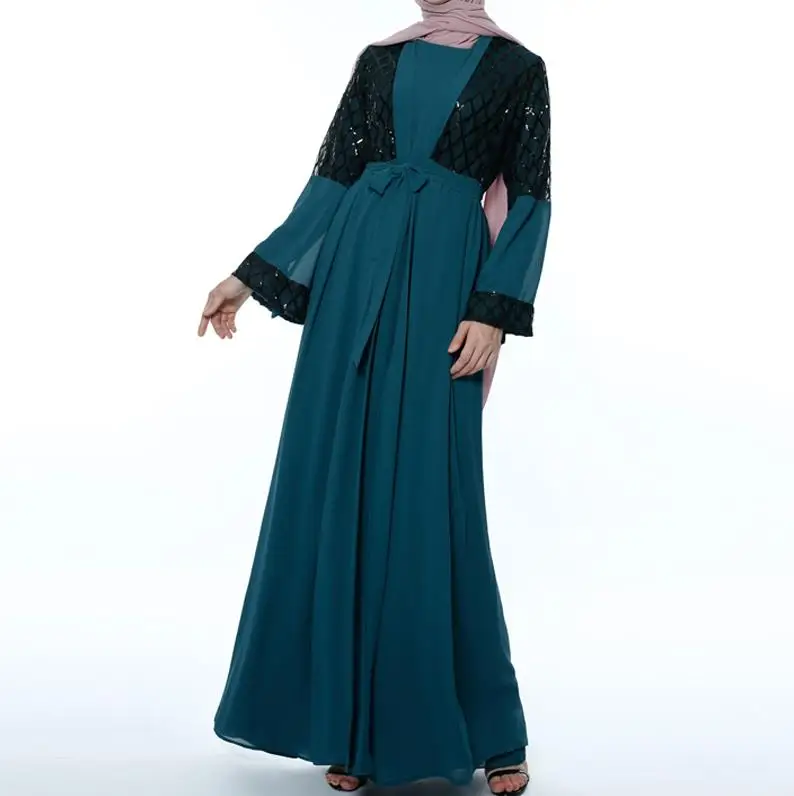 Lake blue cardigan Открытый блесток абайя турецкое кимоно мусульманский хиджаб платье Исламская одежда Абая для женщин Оман кафтан Marocain кафтан молитва одежда - Цвет: Lake blue cardigan