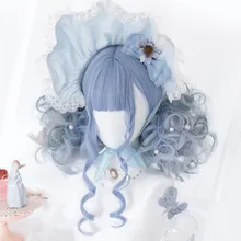 Косплей салон Лолита смешанный синий Омбре длинные кудрявые короткие челки милая кукла термостойкий синтетический парик для студенческой вечеринки