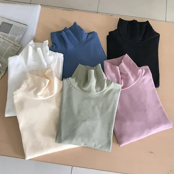 

6 colors 2019 autumn womens tops cropped slim elastic solid color long sleeve turtleneck t shirts womens tee shirt femme (F3836)