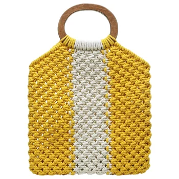 

Women'S Color Cotton Woven Bag Female Retro Wooden Handle Handbag Portable Beach Bag