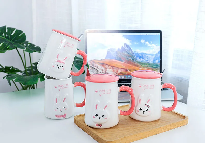 Korean style creative Korean cartoon bunny ceramic cup with lid with spoon student cup office mug children's room decoration