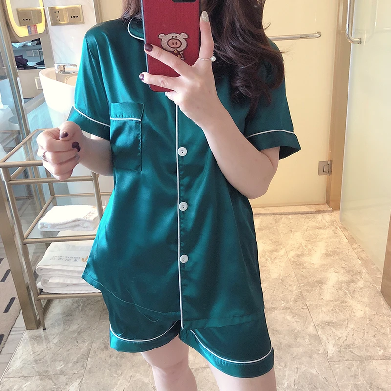 Primavera Verão Mulheres Pijama de Cetim De Seda Do Falso Conjuntos de Pijama de Manga Curta de Duas Peças Top Sleepwear Pijama Set 2020 Novo Homewear
