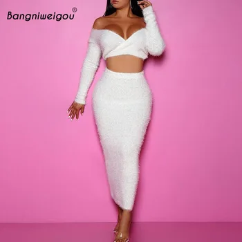 

Bangniweigou Off Shoulder Flannel Top & Long Dress Two Piece Set Women High Waist Velvet Solid Skirt 2 Piece Set White Outfits