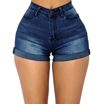 

2020 Summer Vintage Denim Shorts Blue Skinny High Waisted Shorts Button Pockets Casual Women Solid Jean Shorts