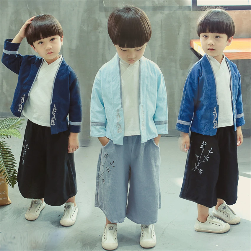 Традиционная китайская одежда для мальчиков Hanfu Детский костюм танга льняная