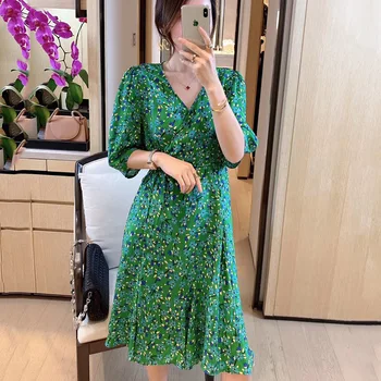 

Summer Printed V-Neck Sexy Party 100% Silk Floral Little Sexy Mulberry Dress New Silk Slim Dress Fashion Casual Bohemian Dress