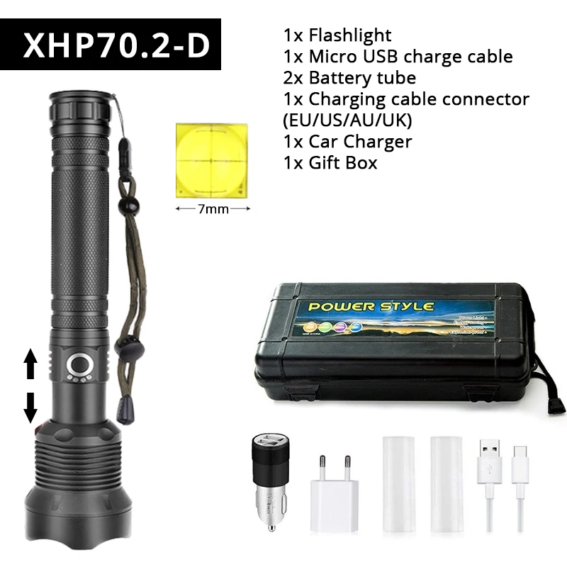 Мощный светодиодный фонарь XHP90, 3 режима освещения, перезаряжаемый через USB, водонепроницаемый, телескопический, супер яркий, охотничий, тактический фонарь - Испускаемый цвет: XHP70.2-D