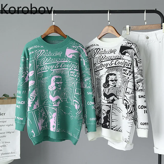 US $13.46 Korobov Harajuku Cartton Embroidery Pattern Women Sweaters Korean Casual O Neck Long Sleeve Pullove