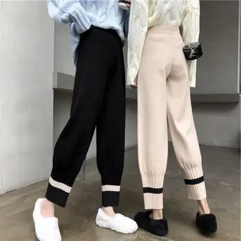 

Korean Black Knitted Pants Women Casual Autumn Harem Pants Warm Knitting Chic Trousers Elastic Waist Beam Pants