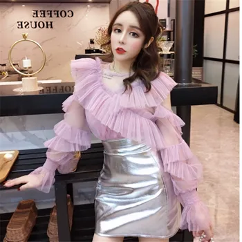 

ZCWXM 2020 Spring Mesh Solid Women Tops and Blouses Ruffles Fashion Sexy Transparent Grace Blusas Mujer Long Sleeve Shirts